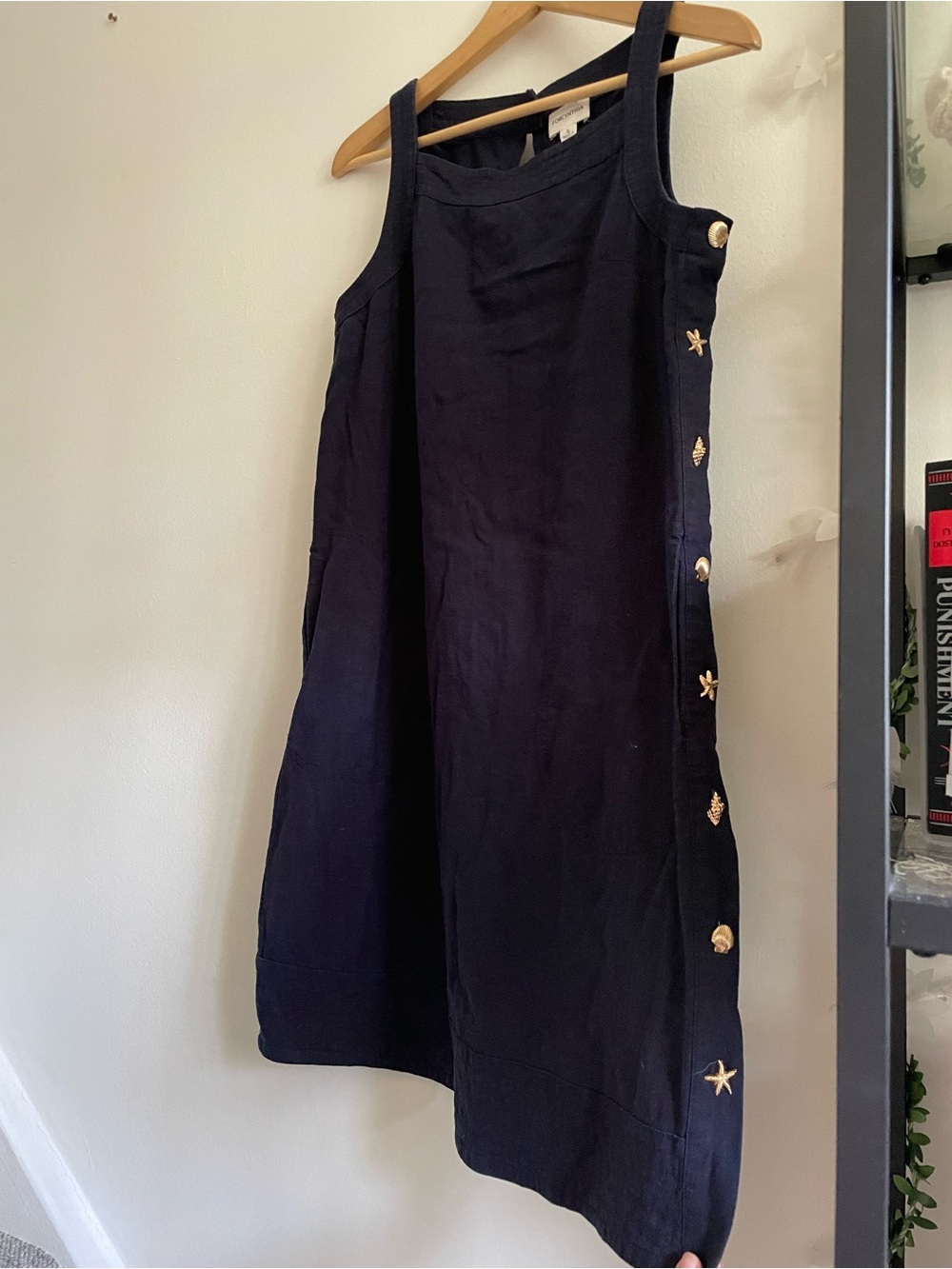 Coastal Linen-Blend Old Money Square-Neck Blue Mini Shift Dress Gold Seashell S